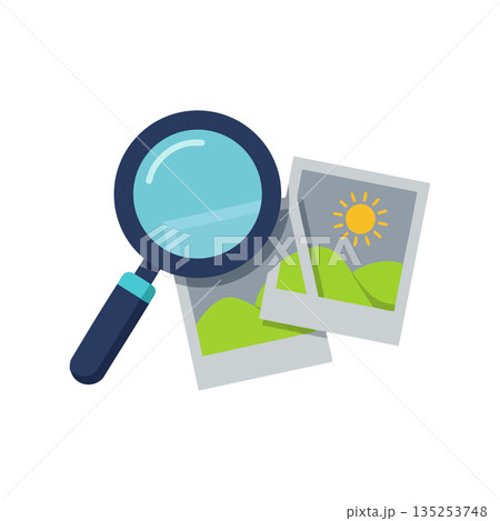 Magnifying glass inspecting photos with sunny landscape illustrations vector image 135253748
