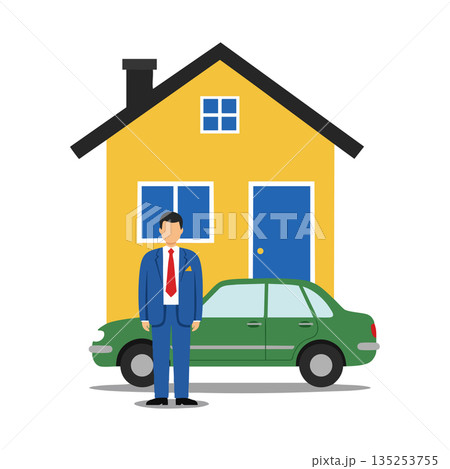 Businessman standing near green car in front of yellow house vector illustration Businessman standing near green car in front of yellow house vector illustration 135253755