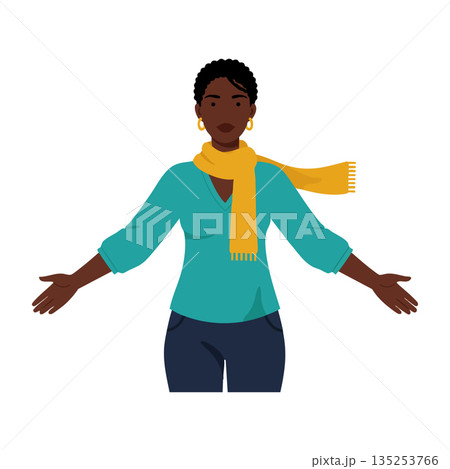 Woman with open arms wearing teal blouse and yellow scarf vector illustration 135253766