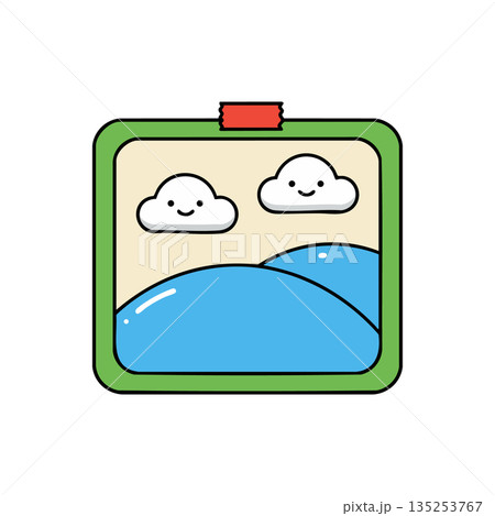 Cute landscape illustration with smiling clouds and blue hills in green frame vector 135253767