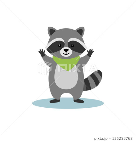 Cute raccoon character with green scarf standing on blue shadow vector illustration Cute raccoon character with green scarf standing on blue shadow vector illustration 135253768