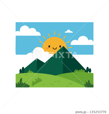 Happy sun rising behind green mountains with...のイラスト素材 [135253770] - PIXTA