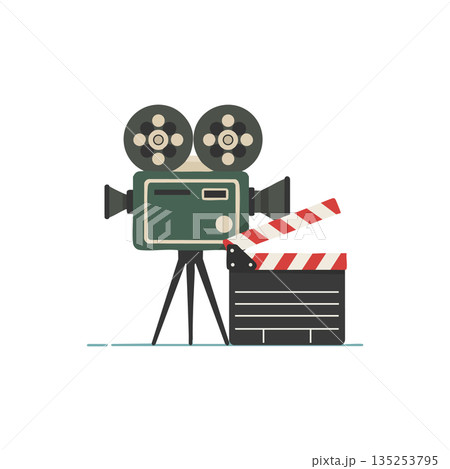 Vintage film camera with clapperboard vector illustration for movie production and cinema design Vintage film camera with clapperboard vector illustration for movie production and cinema design 135253795