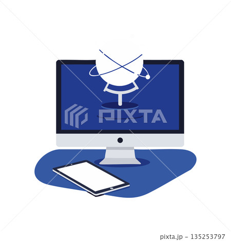 Satellite antenna on computer screen with tablet device digital technology vector illustration Satellite antenna on computer screen with tablet device digital technology vector illustration 135253797