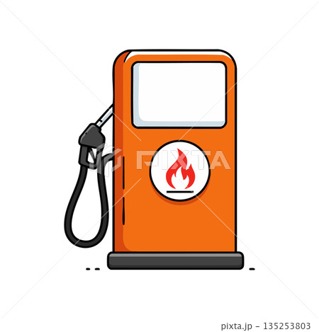 Orange Fuel Pump Vector Illustration with Fire Symbol and Hose Design Orange Fuel Pump Vector Illustration with Fire Symbol and Hose Design 135253803