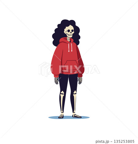 Skeleton character wearing red hoodie and ripped black pants casual style illustration Skeleton character wearing red hoodie and ripped black pants casual style illustration 135253805