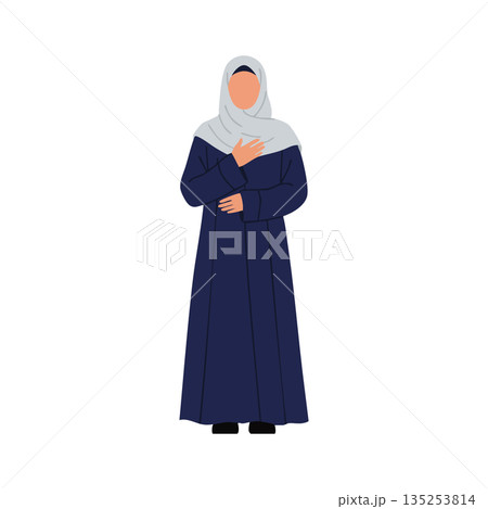 Woman in navy blue abaya and light gray hijab modest fashion vector illustration Woman in navy blue abaya and light gray hijab modest fashion vector illustration 135253814