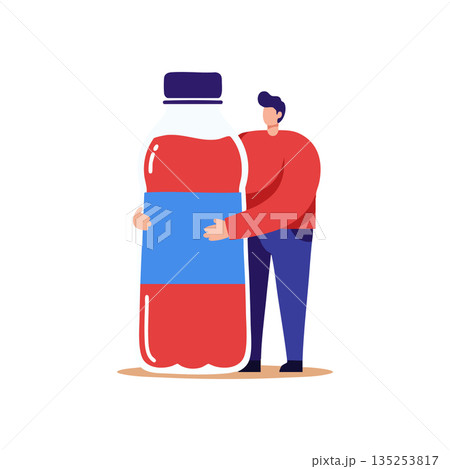 Man Holding Large Red Drink Bottle Illustration in Flat Design Style Man Holding Large Red Drink Bottle Illustration in Flat Design Style 135253817