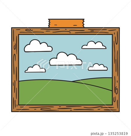 Landscape painting with wooden frame and cloudy sky scenic view in green field vector illustration 135253819