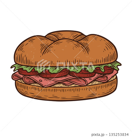 Sandwich with ham lettuce and tomato hand drawn illustration vector food design 135253834