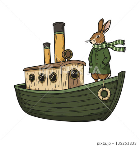 Rabbit wearing green coat and scarf standing on green wooden boat vector illustration Rabbit wearing green coat and scarf standing on green wooden boat vector illustration 135253835