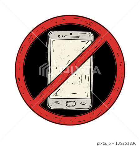 Smartphone with prohibition red circle symbol no phone usage vector icon illustration 135253836