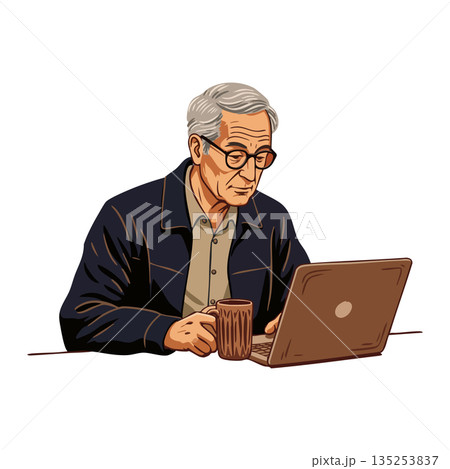 Elderly man working on laptop holding coffee cup in casual jacket vector illustration Elderly man working on laptop holding coffee cup in casual jacket vector illustration 135253837