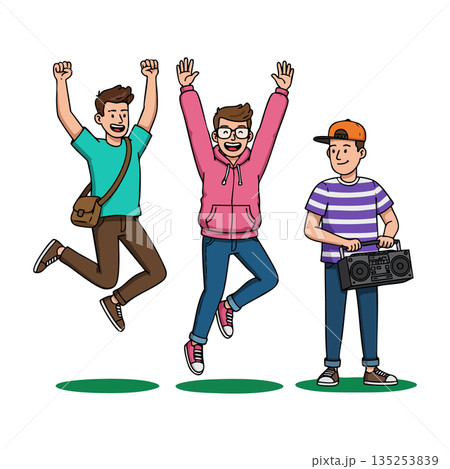 Three young men enjoying music and celebration with boombox and jumping gestures vector illustration Three young men enjoying music and celebration with boombox and jumping gestures vector illustration 135253839