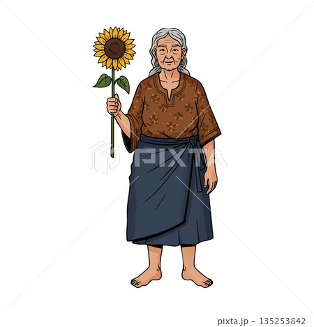 Elderly woman holding sunflower barefoot in simple clothing vector illustration Elderly woman holding sunflower barefoot in simple clothing vector illustration 135253842