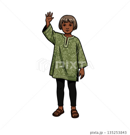 Child waving hand wearing green patterned tunic and black pants vector illustration Child waving hand wearing green patterned tunic and black pants vector illustration 135253843