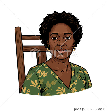 African American woman with curly hair wearing floral green shirt sitting on wooden chair vector illustration 135253844
