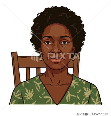 Middle aged African American woman with short curly hair wearing green patterned blouse sitting on wooden chair vector illustration 135253846