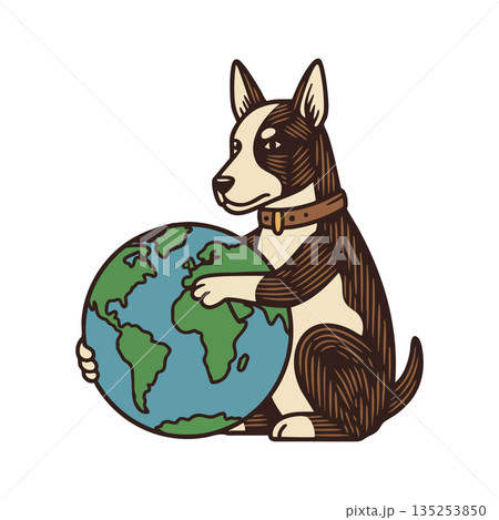 Dog holding globe earth illustration with brown and beige tones vector design Dog holding globe earth illustration with brown and beige tones vector design 135253850