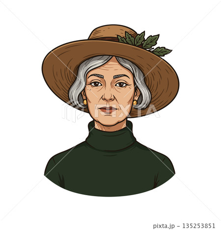 Elderly woman with gray hair wearing brown hat and green sweater portrait vector illustration 135253851