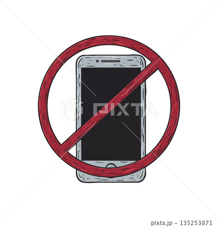 Mobile Phone Prohibited Sign Illustration with Red Circle and Slash Vector Design Mobile Phone Prohibited Sign Illustration with Red Circle and Slash Vector Design 135253871