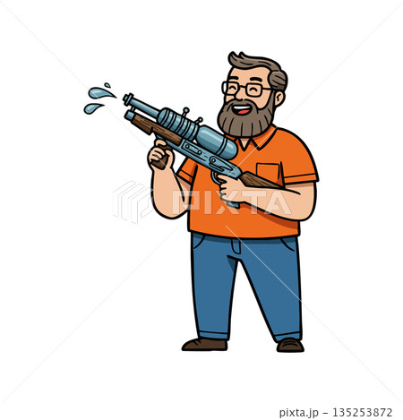 Bearded man holding water gun in orange shirt and blue pants vector illustration Bearded man holding water gun in orange shirt and blue pants vector illustration 135253872