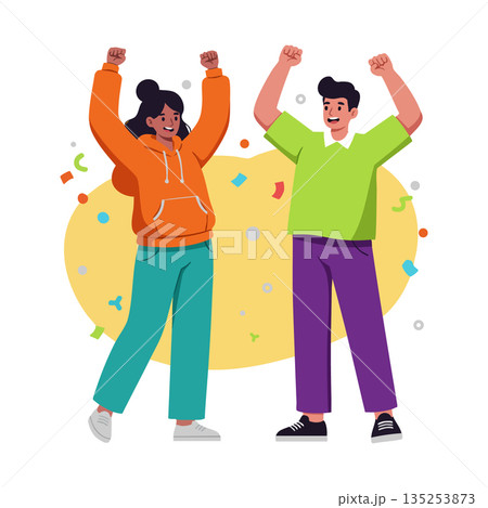 Happy young man and woman celebrating success with raised hands and colorful confetti vector illustration 135253873