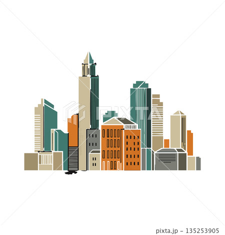 City skyline vector illustration with modern buildings and urban architecture in muted green and orange colors City skyline vector illustration with modern buildings and urban architecture in muted green and orange colors 135253905