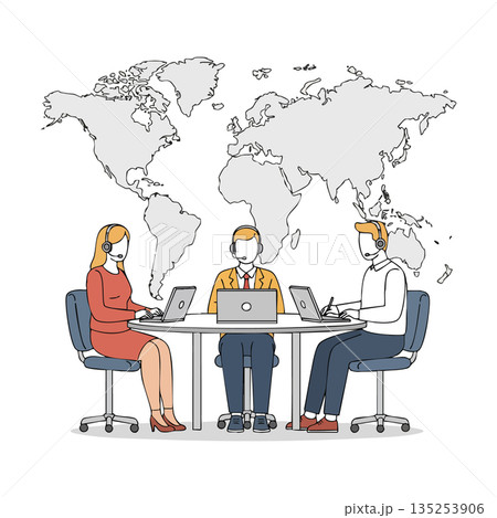 Customer support team working with laptops and headsets in office with world map background vector illustration Customer support team working with laptops and headsets in office with world map background vector illustration 135253906