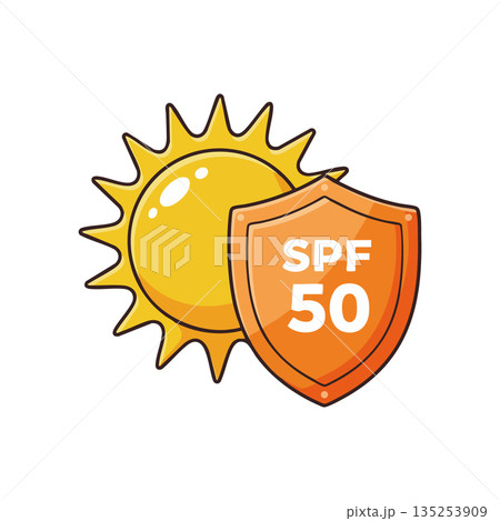 Sun icon with SPF 50 protection shield for skin safety and UV defense vector illustration 135253909