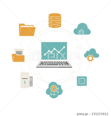 Data storage and cloud computing technology network with laptop graph analytics vector illustration design Data storage and cloud computing technology network with laptop graph analytics vector illustration design 135253912