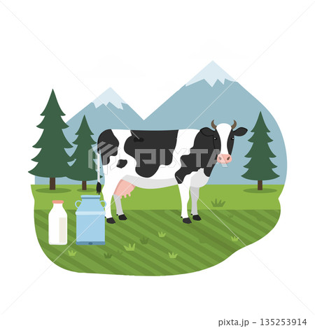 Cow standing on green grass field with milk bottles pine trees and snowy mountain background vector illustration Cow standing on green grass field with milk bottles pine trees and snowy mountain background vector illustration 135253914