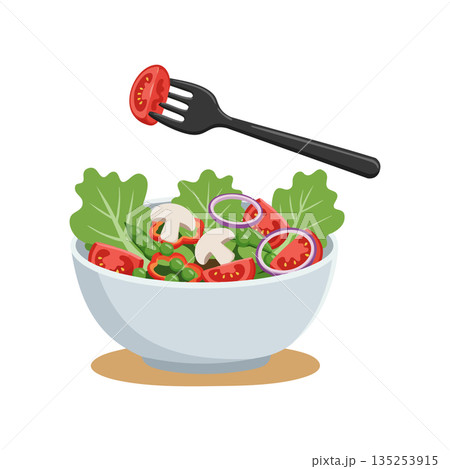 Fresh vegetable salad bowl with lettuce tomato mushroom and onion slices healthy food vector illustration 135253915