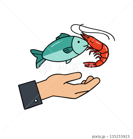 Fish and shrimp seafood icons with human hand holding fresh marine animals vector illustration 135253923