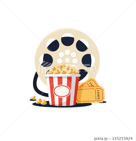 Popcorn bucket with movie reel and cinema tickets vector illustration design 135253924