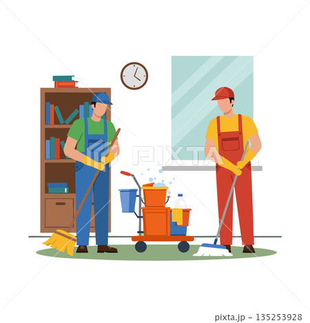 Two janitors cleaning floor with mops and cleaning cart in indoor office space Two janitors cleaning floor with mops and cleaning cart in indoor office space 135253928