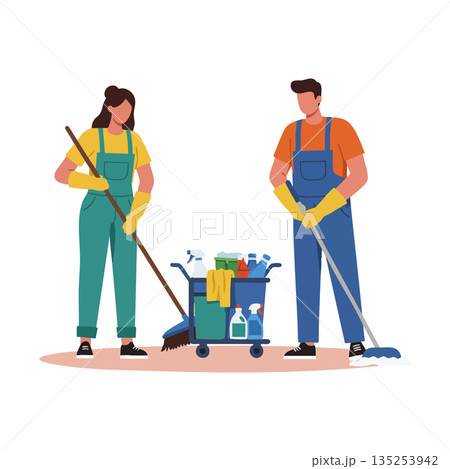 Cleaning workers mopping floor with janitorial cart and supplies in flat vector Cleaning workers mopping floor with janitorial cart and supplies in flat vector 135253942