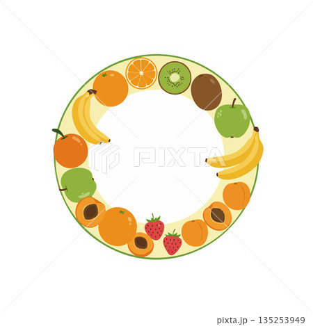 Circular arrangement of various fresh fruits including bananas oranges strawberries and kiwi vector illustration Circular arrangement of various fresh fruits including bananas oranges strawberries and kiwi vector illustration 135253949