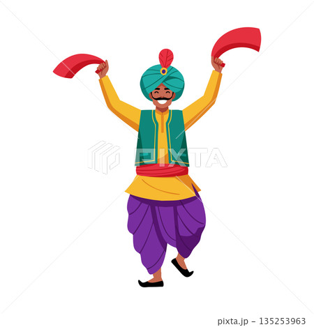 Man performing traditional Bhangra dance with colorful turban and attire vector illustration 135253963