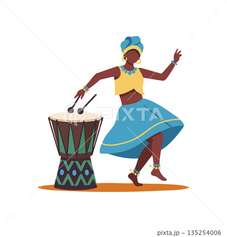African woman dancing and drumming in traditional clothes with blue skirt and headwrap vector illustration African woman dancing and drumming in traditional clothes with blue skirt and headwrap vector illustration 135254006