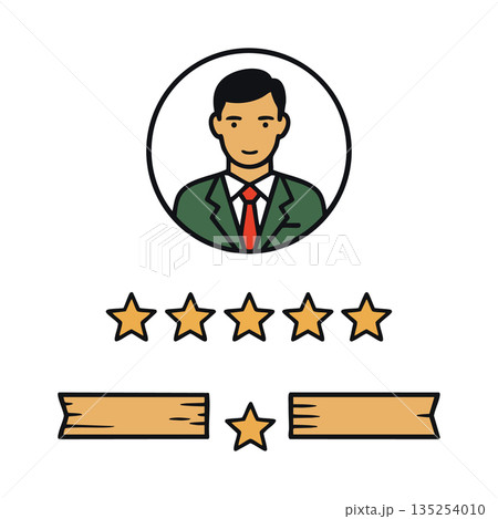 Businessman avatar with five star rating and ribbon badge for professional evaluation and customer feedback vector illustration 135254010