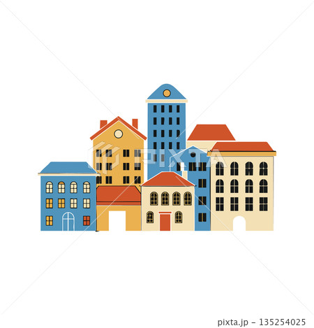 Colorful urban buildings vector with blue and orange roofs in simple cityscape design illustration Colorful urban buildings vector with blue and orange roofs in simple cityscape design illustration 135254025