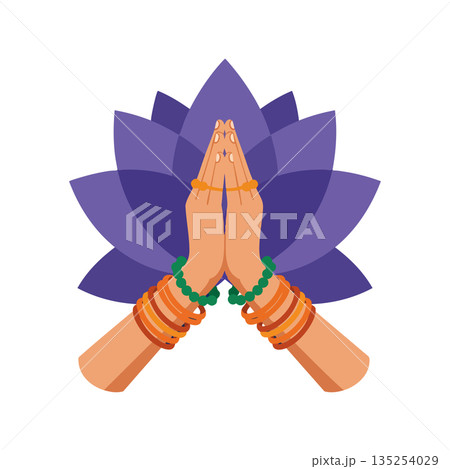 Praying hands with bracelets and beads in front of purple lotus flower spiritual vector design Praying hands with bracelets and beads in front of purple lotus flower spiritual vector design 135254029