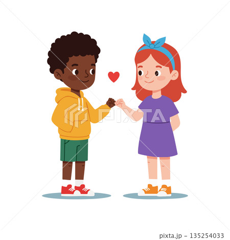 Children giving fist bump showing friendship and love vector illustration of boy and girl with heart symbol 135254033