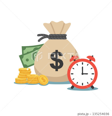Money bag with coins and cash bills next to red alarm clock illustrating time and wealth management concepts Money bag with coins and cash bills next to red alarm clock illustrating time and wealth management concepts 135254036
