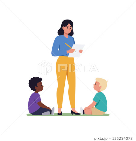 Teacher with children in classroom writing on paper teaching education concept vector illustration Teacher with children in classroom writing on paper teaching education concept vector illustration 135254078