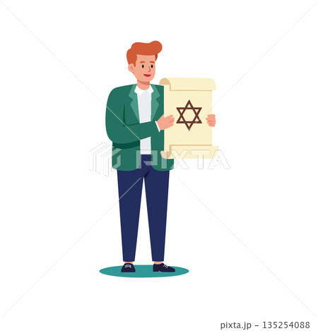 Man holding ancient scroll with Star of David symbol representing Jewish culture and religion vector illustration 135254088
