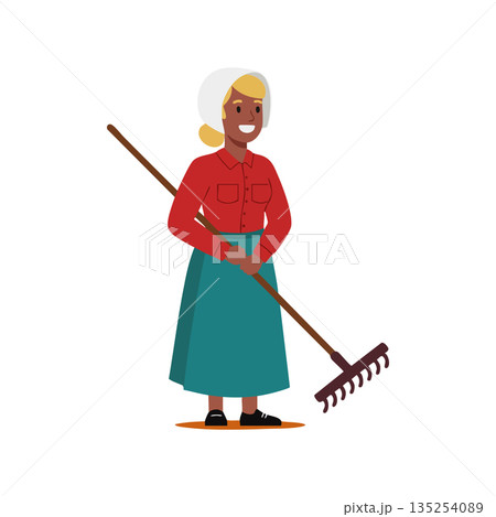 Elderly woman holding garden rake standing smiling in red shirt and teal skirt vector illustration Elderly woman holding garden rake standing smiling in red shirt and teal skirt vector illustration 135254089