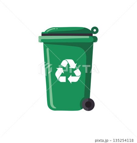 Green recycling bin with white recycle symbol and wheels vector illustration for waste management and environmental awareness 135254118