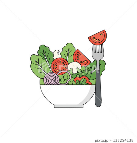 Fresh vegetable salad with tomato, spinach, onion, and mushroom in bowl with fork holding tomato slice vector illustration 135254139